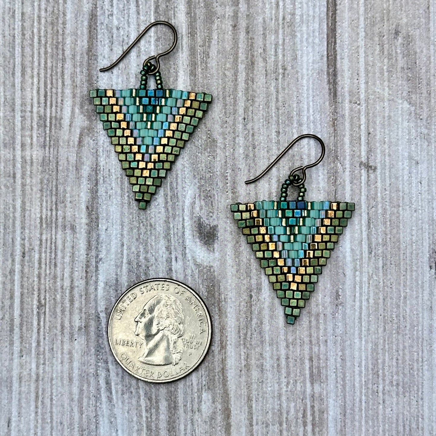 Medium Multicolor Patina and Seafoam Triangle Earrings