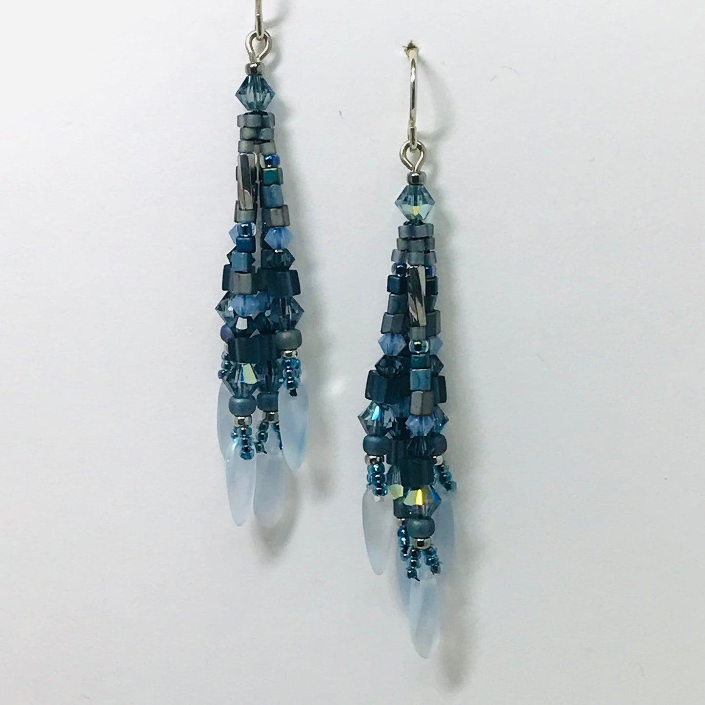 Blue Gray Silver Fringy Earrings