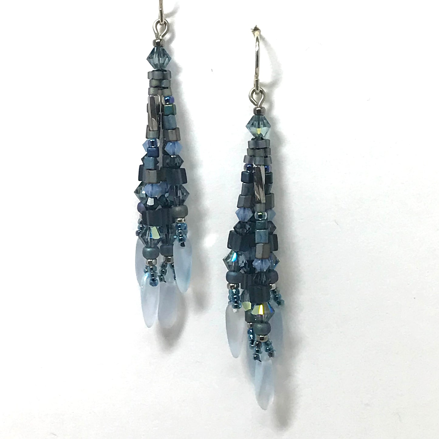 Blue Gray Silver Fringy Earrings