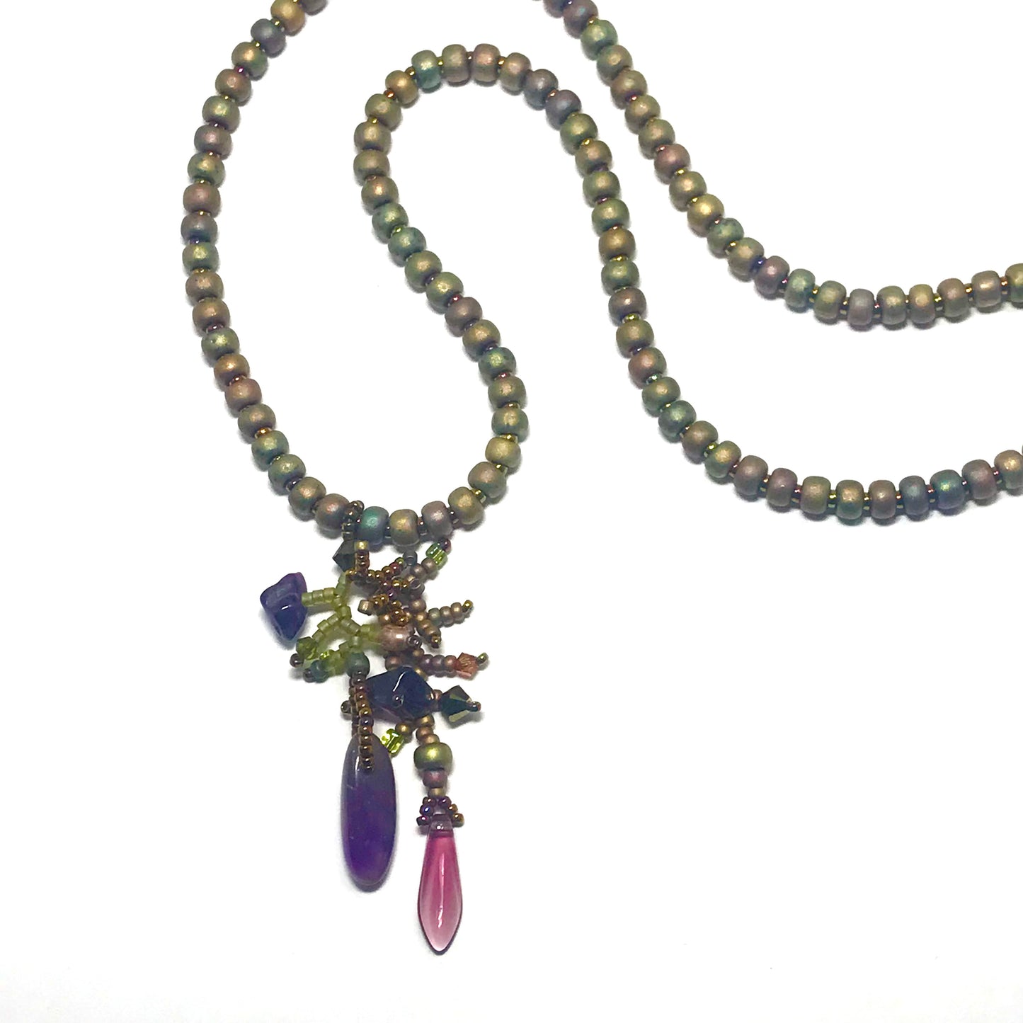 Matte Metallic Khaki Branched Fringe Necklace with Dark Amethyst