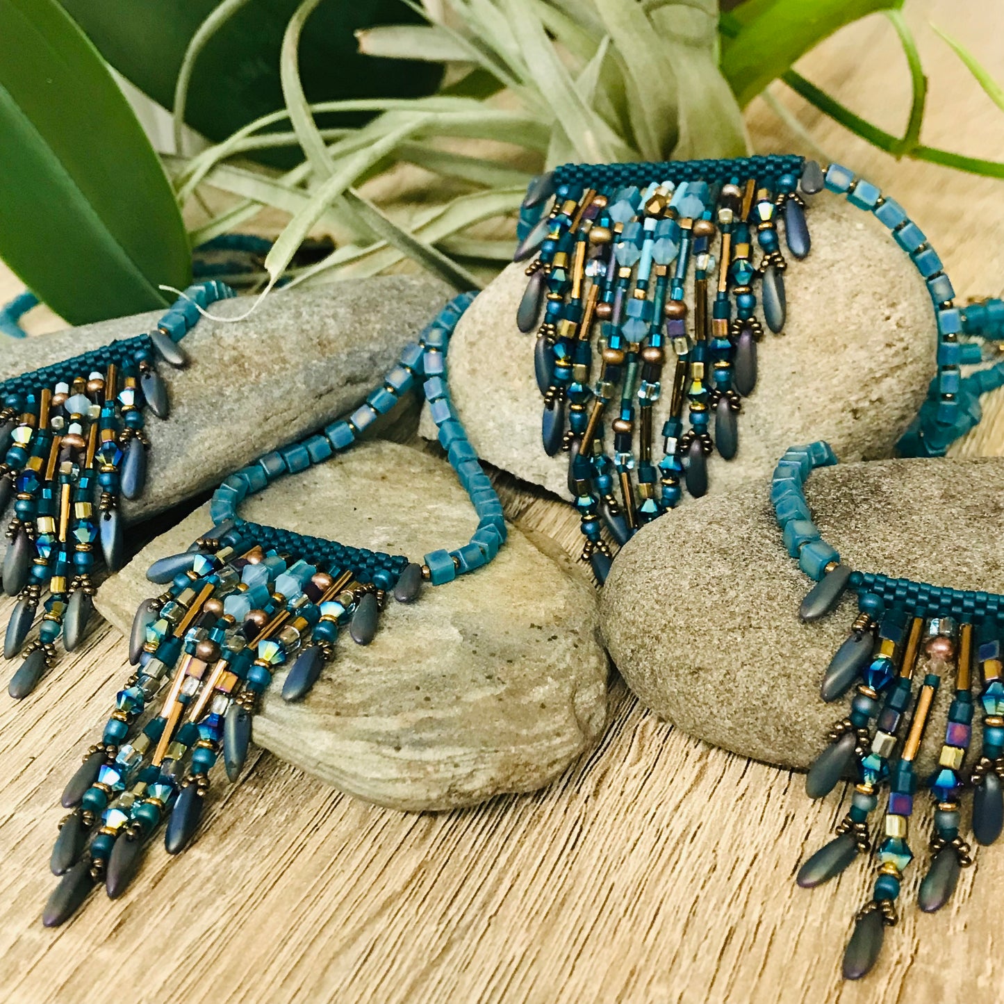 Fringy Teal Necklace 9 strands