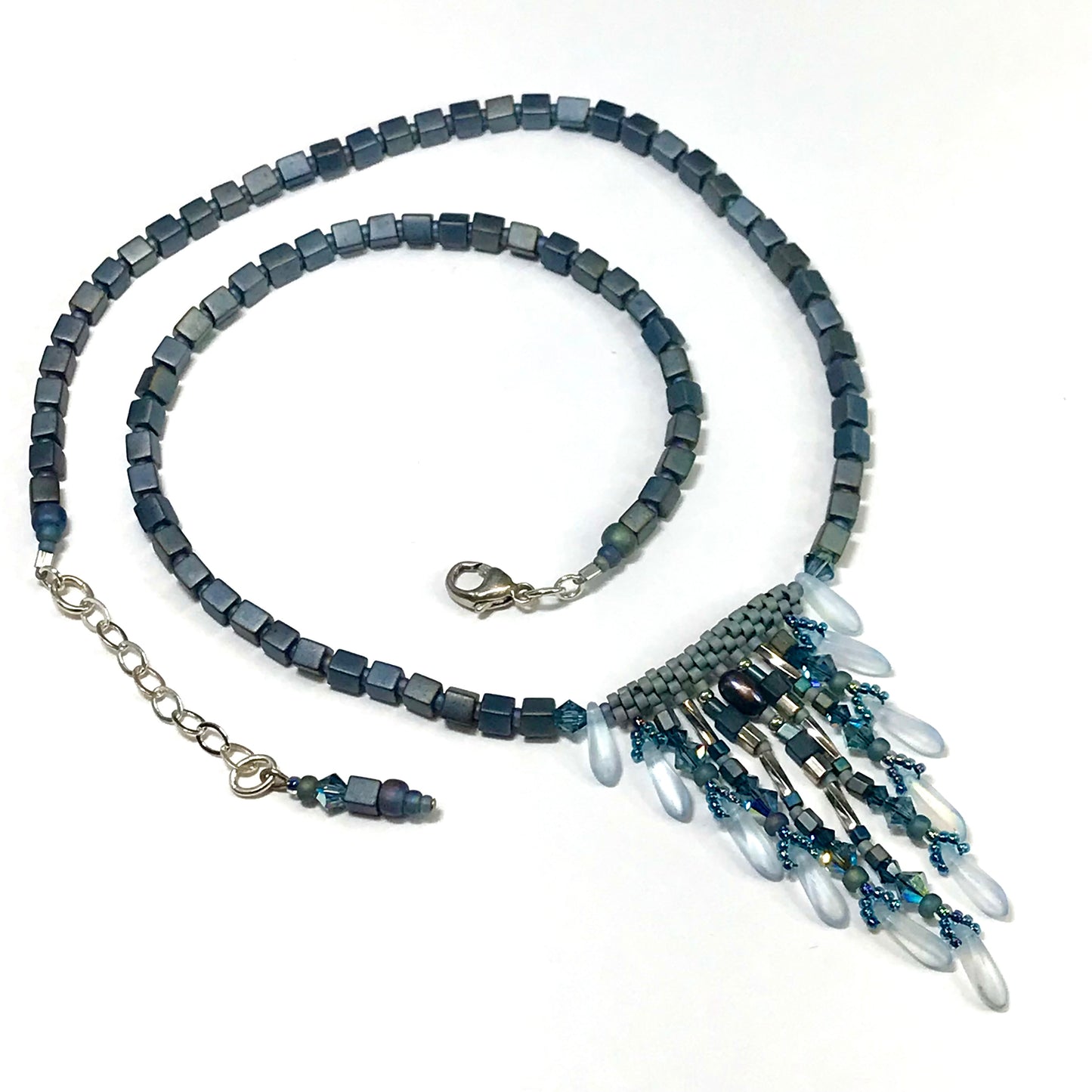 Blue Gray Silver Fringy Necklace - 9 strands