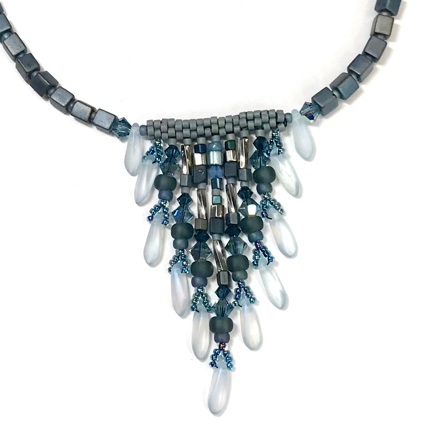Blue Gray Silver Fringy Necklace - 9 strands