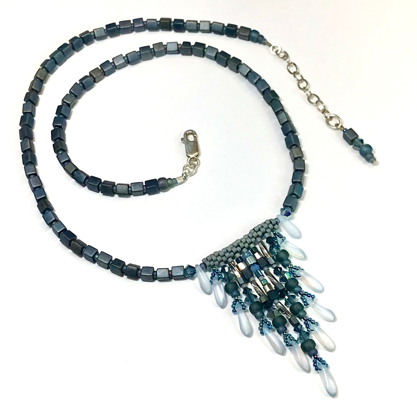 Blue Gray Silver Fringy Necklace - 9 strands