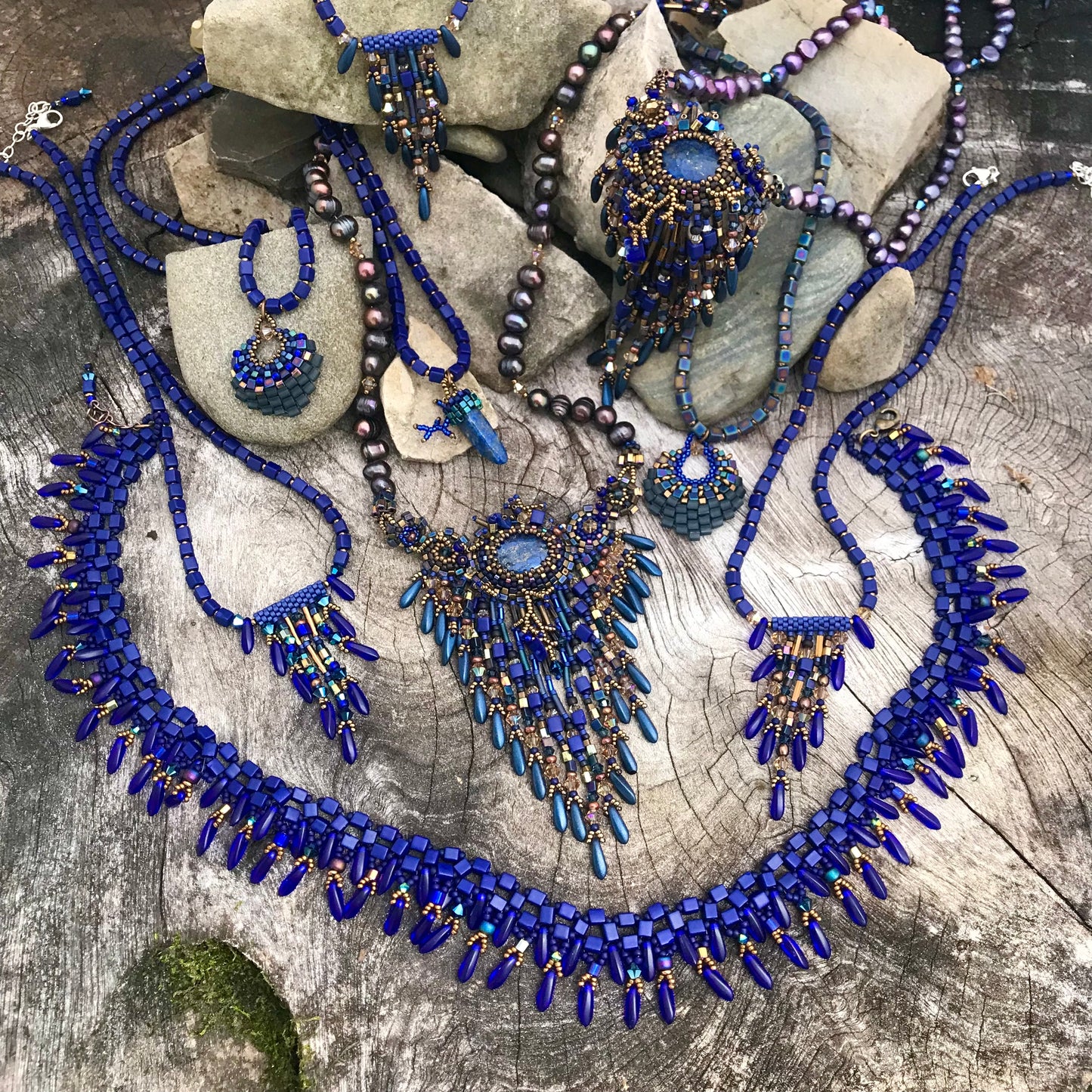 Cobalt with Blue Crystal Fringy Necklace - 7 strands