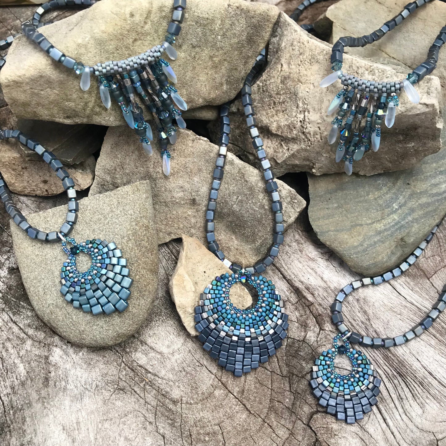 Blue Gray Silver Fringy Necklace - 7 strands