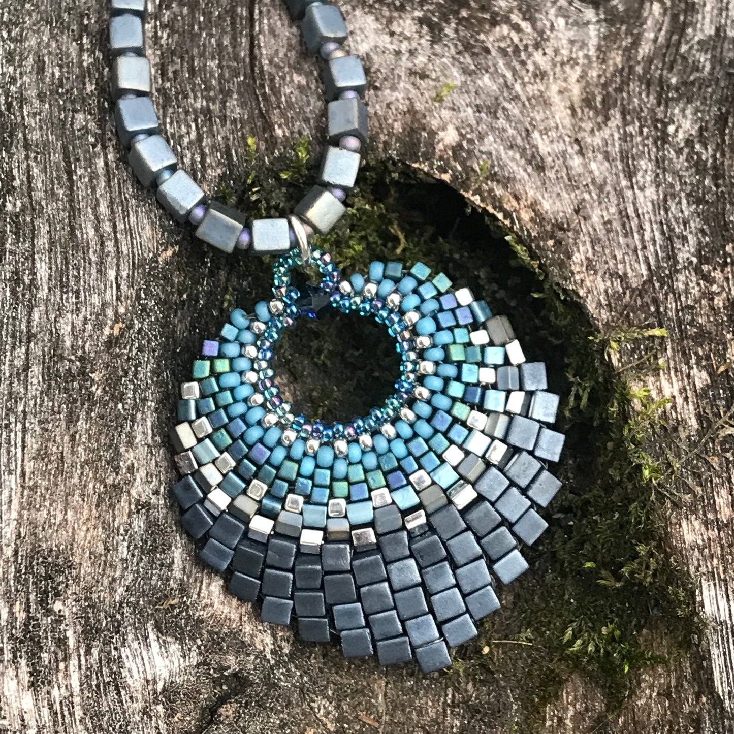 Over the Top Blue Gray Silver Basket Necklace