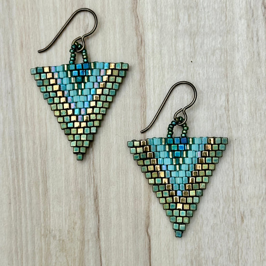 Medium Multicolor Patina and Seafoam Triangle Earrings