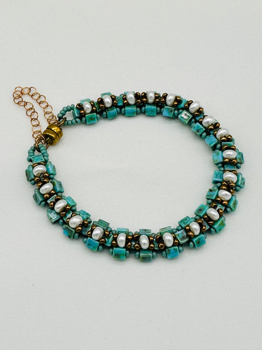 Turquoise Glass and Freshwater Pearl  Bracelet