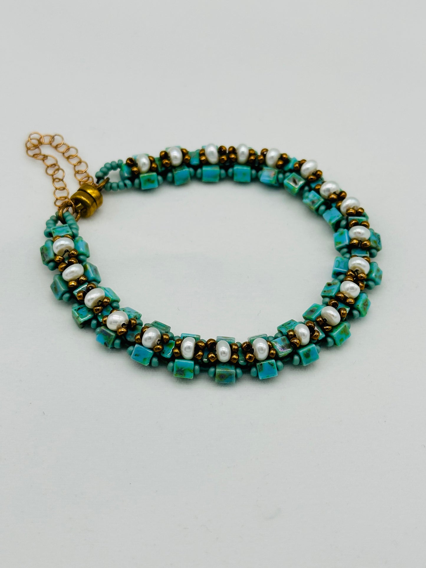 Turquoise Glass and Freshwater Pearl  Bracelet