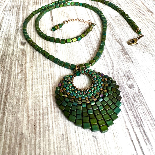 Over the Top Forest Green Basket Necklace