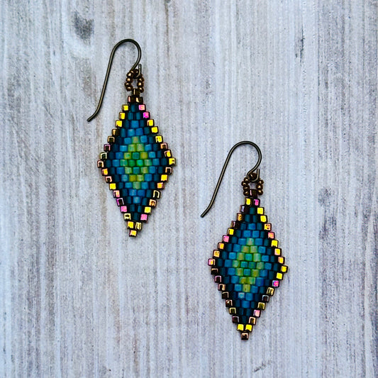 Diamond God's Eye Earrings - Small Brass/Blue/Chartreuse