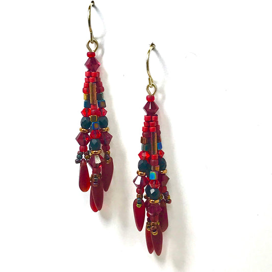 Red with Black Fringy Earrings