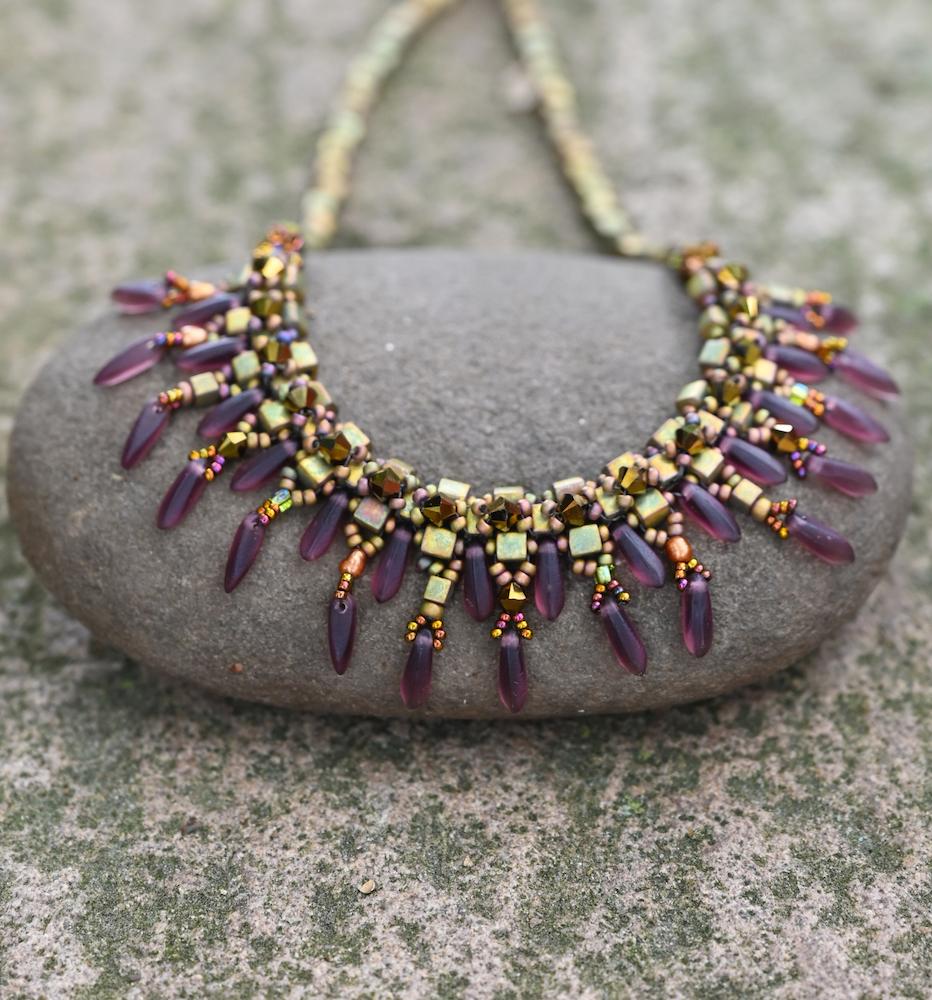 Crystal Embellished Matte Metallic Khaki Dagger Bead Half-collar Necklace