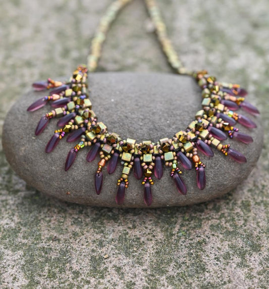 Crystal Embellished Matte Metallic Khaki Dagger Bead Half-collar Necklace