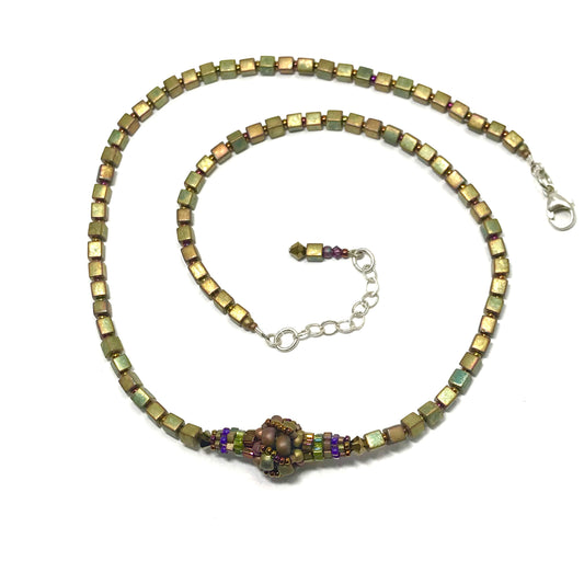 Matte Metallic Khaki Beaded Bead Necklace