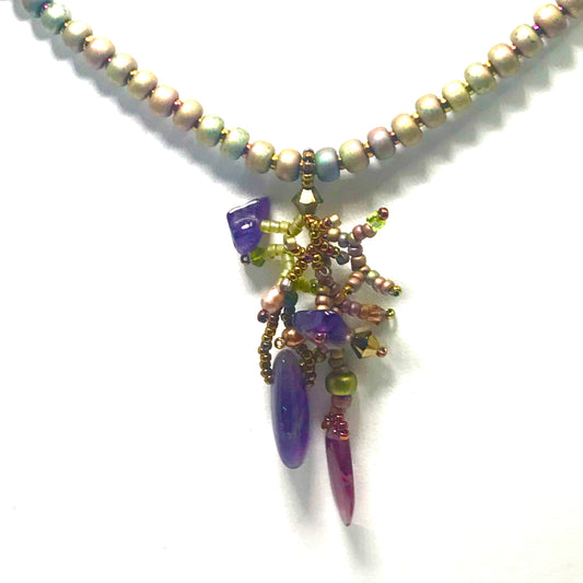 Matte Metallic Khaki Branched Fringe Necklace with Dark Amethyst