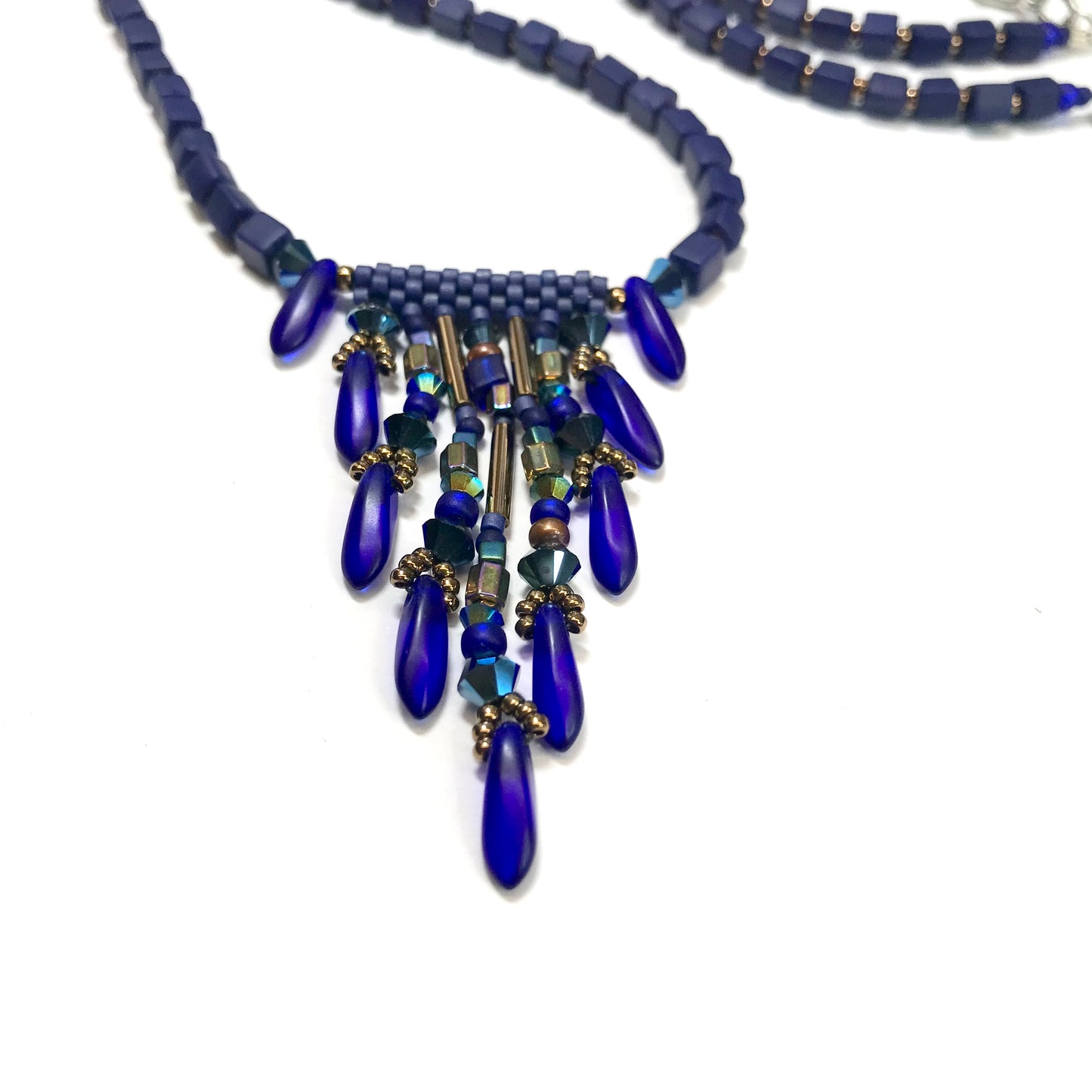 Cobalt with Blue Crystal Fringy Necklace - 7 strands