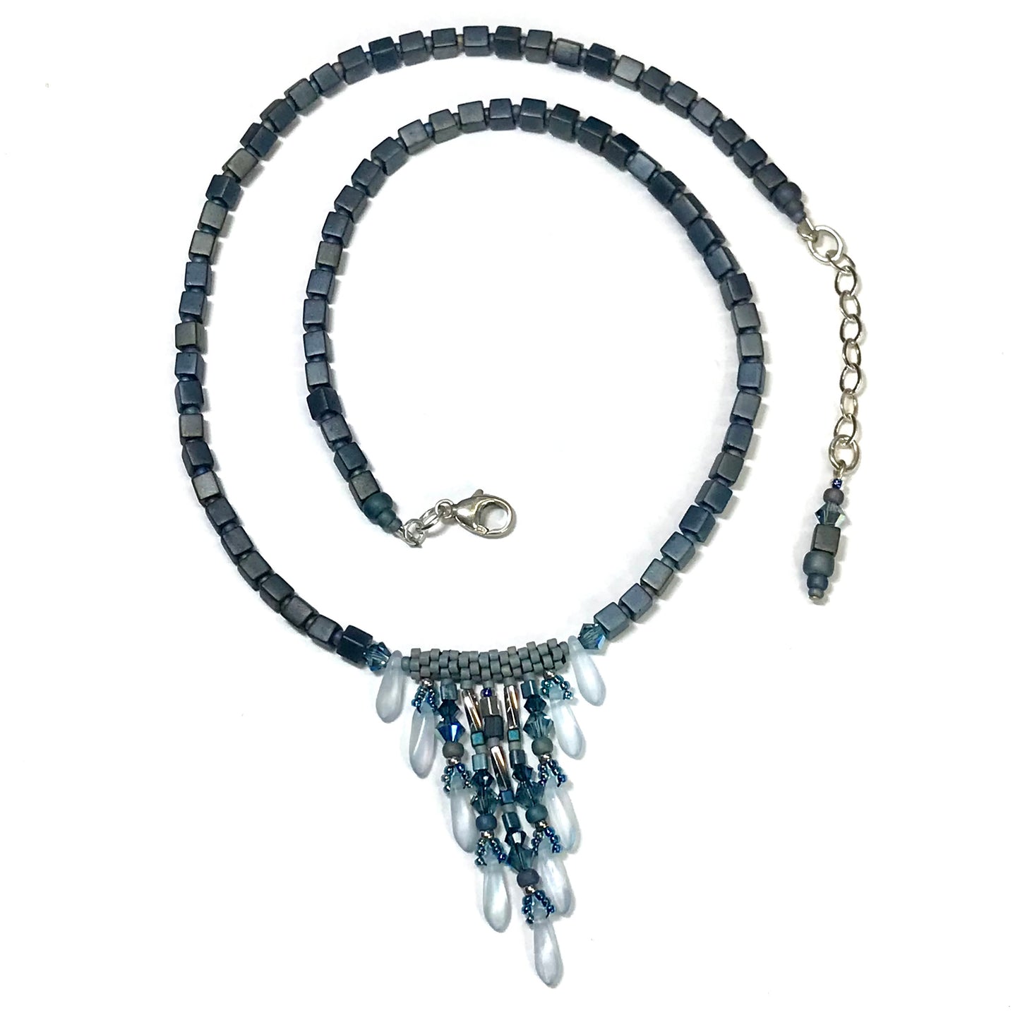 Blue Gray Silver Fringy Necklace - 7 strands